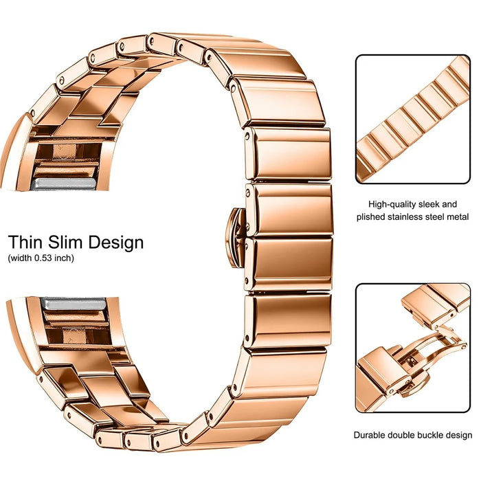 For Fitbit Charge 2 Strap One-bead Stainless Steel Replacement Metal Watch Band with Butterfly Buckle - Rose Gold - 3