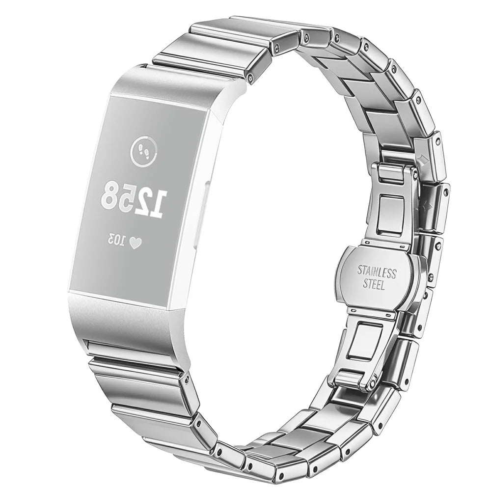 For Fitbit Charge 3 Strap One-bead Stainless Steel Watch Band with Butterfly Buckle - Silver - 1