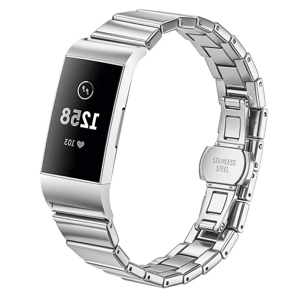 For Fitbit Charge 3 Strap One-bead Stainless Steel Watch Band with Butterfly Buckle - Silver - 2