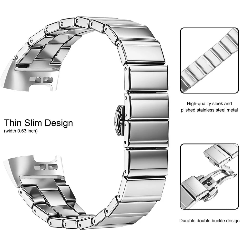 For Fitbit Charge 3 Strap One-bead Stainless Steel Watch Band with Butterfly Buckle - Silver - 3