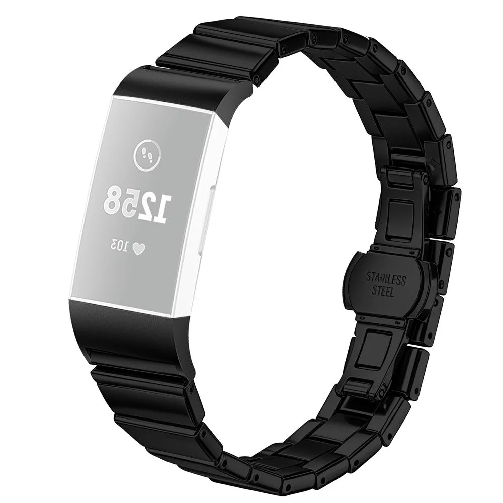 For Fitbit Charge 3 Watch Band One-bead Stainless Steel Smart Watch Bracelet with Butterfly Buckle - Black - 1
