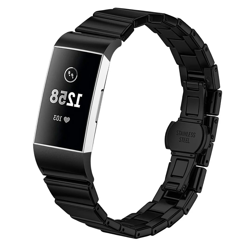 For Fitbit Charge 3 Watch Band One-bead Stainless Steel Smart Watch Bracelet with Butterfly Buckle - Black - 2