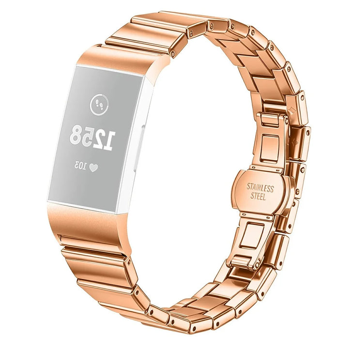 For Fitbit Charge 3 Strap One-bead Stainless Steel Replacement Metal Watch Band with Butterfly Buckle - Rose Gold - 1