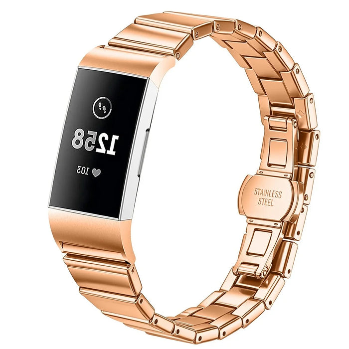 For Fitbit Charge 3 Strap One-bead Stainless Steel Replacement Metal Watch Band with Butterfly Buckle - Rose Gold - 2