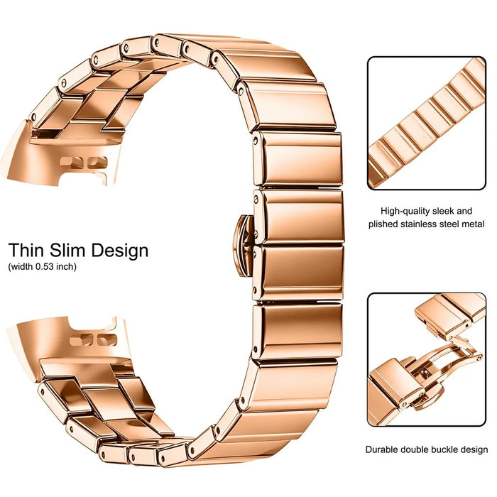 For Fitbit Charge 3 Strap One-bead Stainless Steel Replacement Metal Watch Band with Butterfly Buckle - Rose Gold - 3