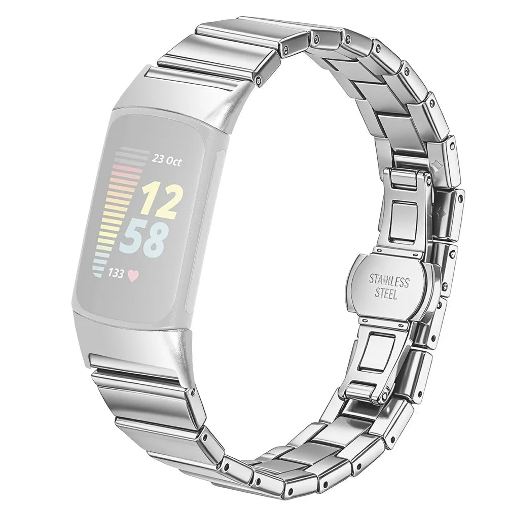 For Fitbit Charge 6 / Charge 5 Strap One-bead Stainless Steel Watch Band with Butterfly Buckle - Silver - 1