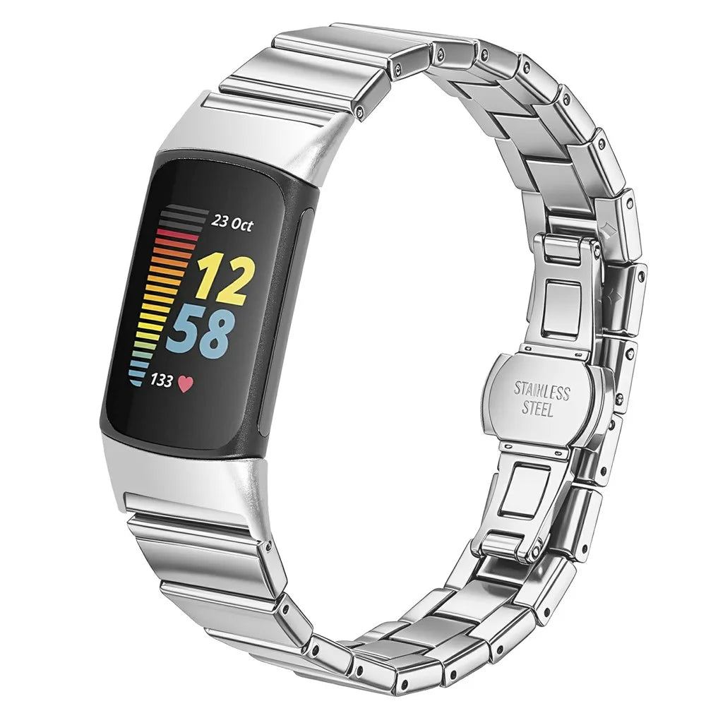 For Fitbit Charge 6 / Charge 5 Strap One-bead Stainless Steel Watch Band with Butterfly Buckle - Silver - 2