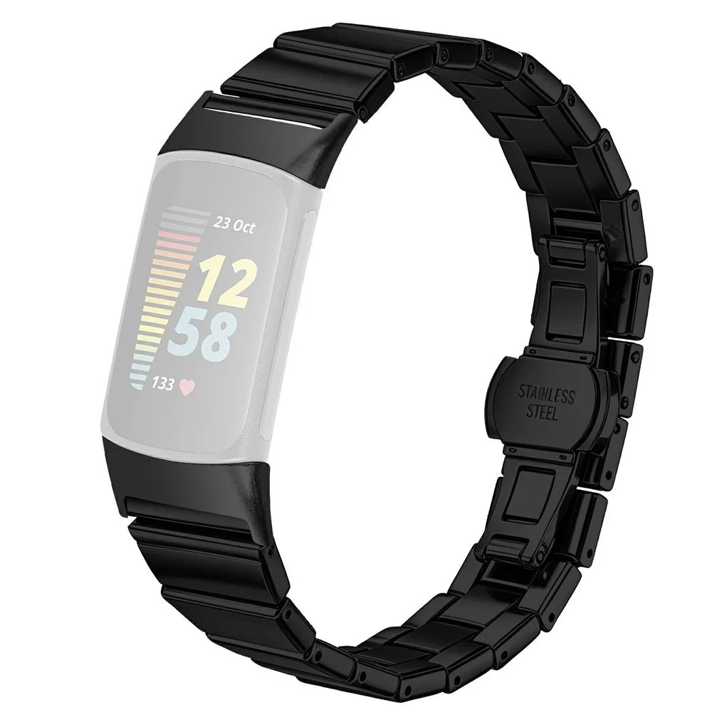 For Fitbit Charge 6 / Charge 5 Watch Band One-bead Stainless Steel Smart Watch Bracelet with Butterfly Buckle - Black - 1