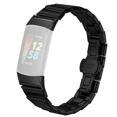 For Fitbit Charge 6 / Charge 5 Watch Band One-bead Stainless Steel Smart Watch Bracelet with Butterfly Buckle - Black - 1