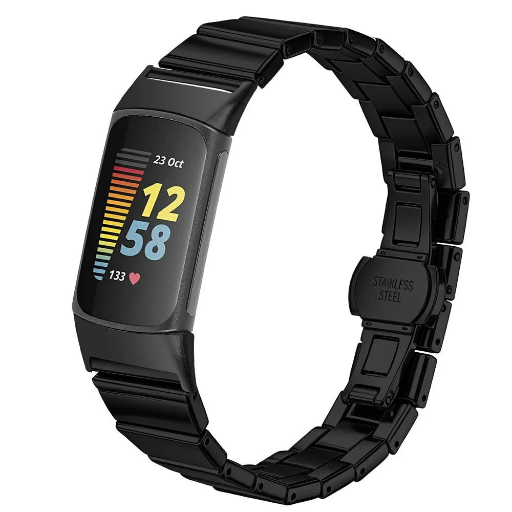 For Fitbit Charge 6 / Charge 5 Watch Band One-bead Stainless Steel Smart Watch Bracelet with Butterfly Buckle - Black - 2