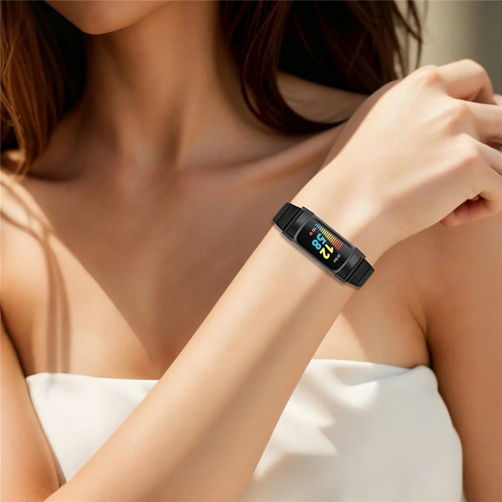 For Fitbit Charge 6 / Charge 5 Watch Band One-bead Stainless Steel Smart Watch Bracelet with Butterfly Buckle - Black - 4