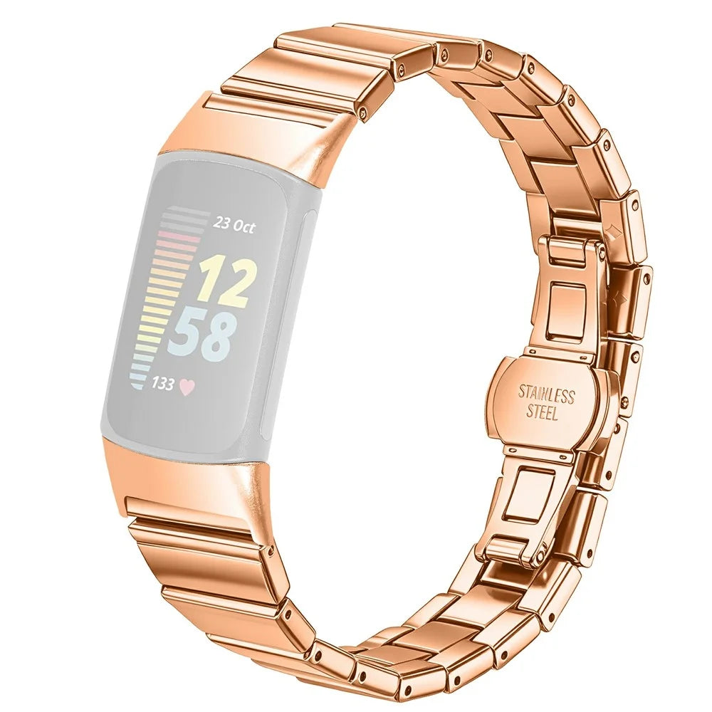 For Fitbit Charge 6 / Charge 5 Strap One-bead Stainless Steel Replacement Metal Watch Band with Butterfly Buckle - Rose Gold - 1