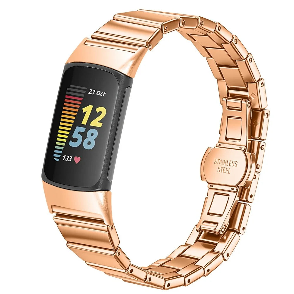 For Fitbit Charge 6 / Charge 5 Strap One-bead Stainless Steel Replacement Metal Watch Band with Butterfly Buckle - Rose Gold - 2