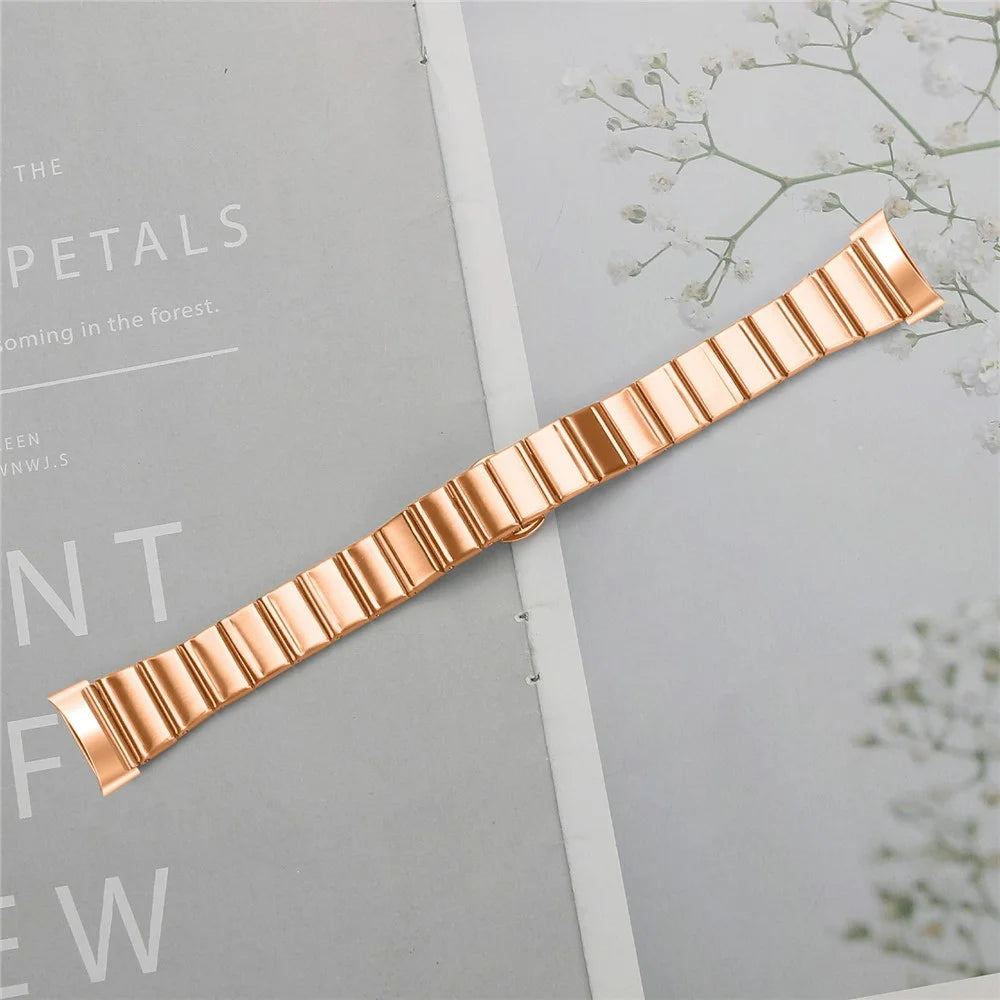 For Fitbit Charge 6 / Charge 5 Strap One-bead Stainless Steel Replacement Metal Watch Band with Butterfly Buckle - Rose Gold - 6