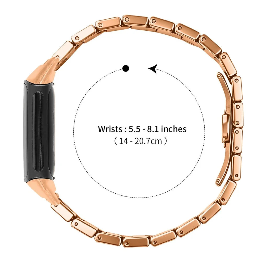 For Fitbit Charge 6 / Charge 5 Strap One-bead Stainless Steel Replacement Metal Watch Band with Butterfly Buckle - Rose Gold - 7