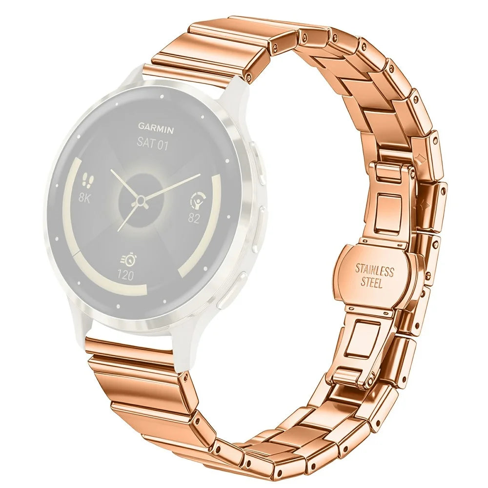 For Garmin Forerunner 265S Strap 18mm One-bead Stainless Steel Replacement Metal Watch Band with Butterfly Buckle - Rose Gold - 1
