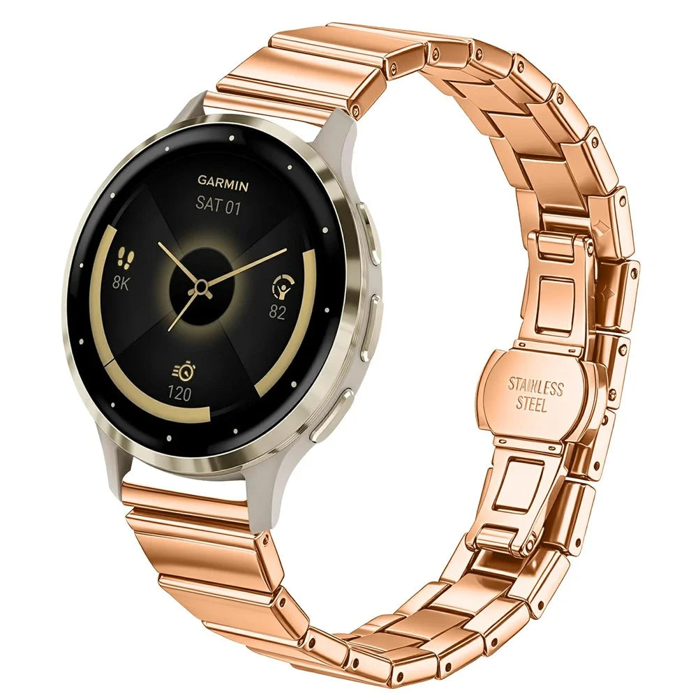 For Garmin Forerunner 265S Strap 18mm One-bead Stainless Steel Replacement Metal Watch Band with Butterfly Buckle - Rose Gold - 2