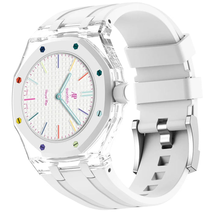 For Swatch Royal Pop Silicone Band 3 O'Clock Crown Strap with Transparent PC Case - White - 2