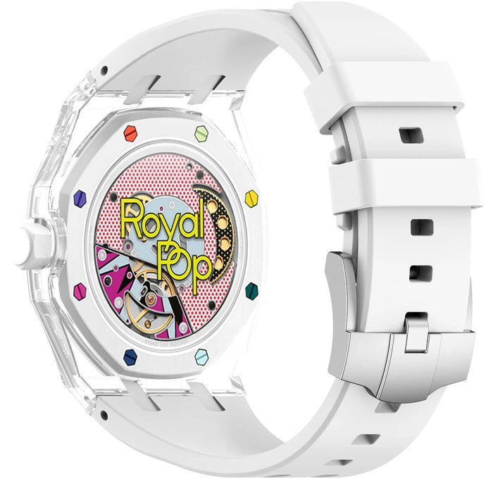 For Swatch Royal Pop Silicone Band 3 O'Clock Crown Strap with Transparent PC Case - White - 3
