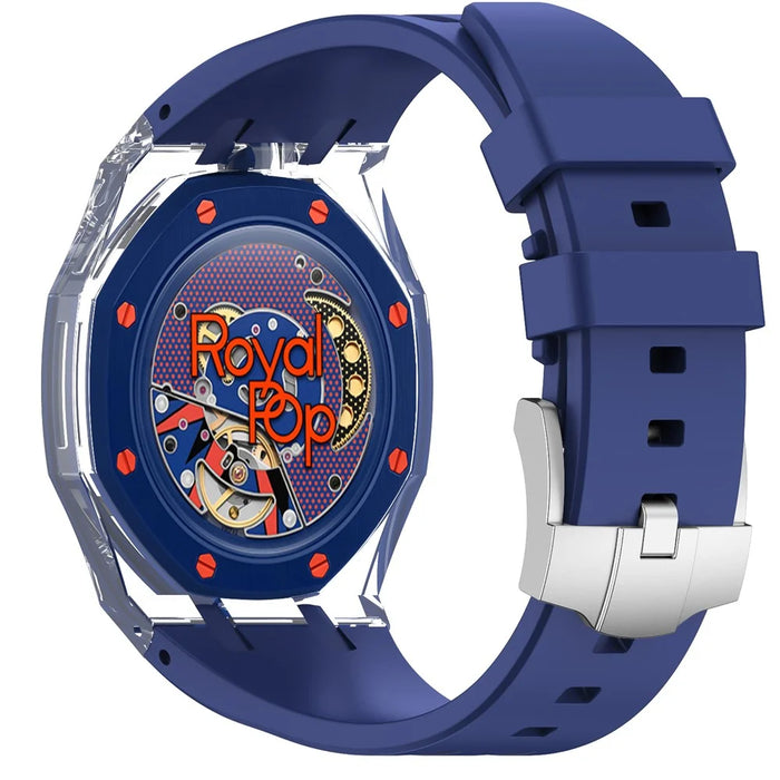 For Swatch Royal Pop Silicone Band 12 O'Clock Crown Strap with Transparent PC Case - Dark Blue - 3