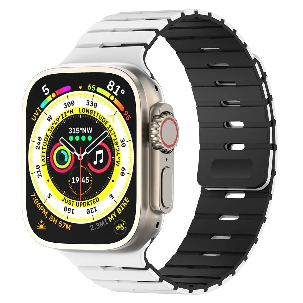 Silicone Band for Apple Watch Ultra 3 2 1 49mm / Series 11 10 46mm / 9 8 7 45mm / SE3 SE2 SE 6 5 4 44mm / 3 2 1 42mm Dual Color Magnetic Piano Key Strap - White / Black - 2