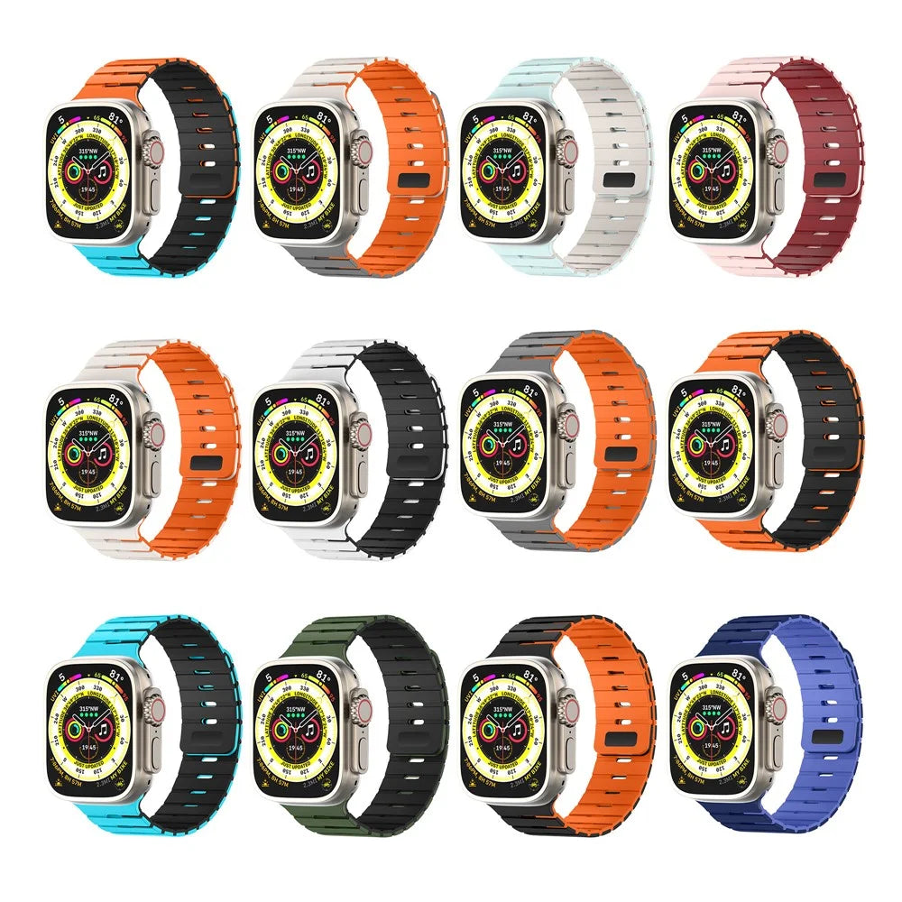 Silicone Band for Apple Watch Ultra 3 2 1 49mm / Series 11 10 46mm / 9 8 7 45mm / SE3 SE2 SE 6 5 4 44mm / 3 2 1 42mm Dual Color Magnetic Piano Key Strap - White / Black - 3