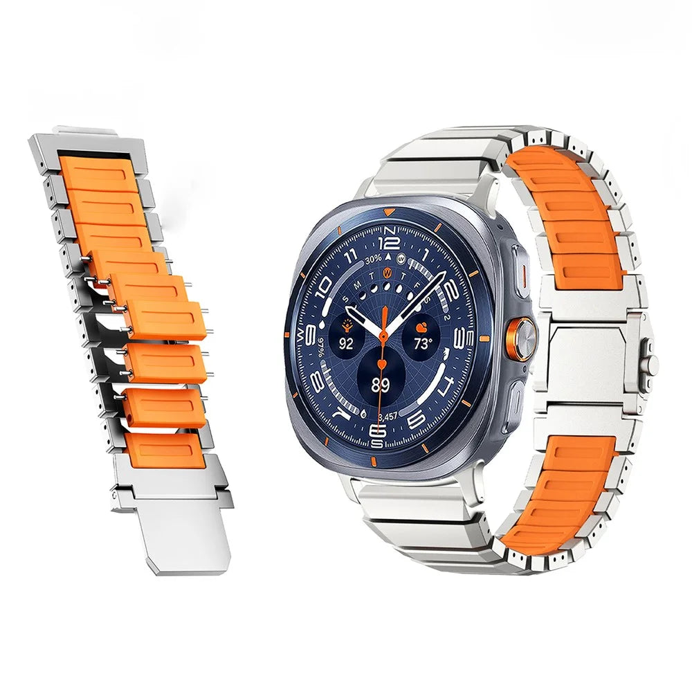 For Samsung Galaxy Watch Ultra2 47mm / Watch Ultra (2025) 47mm / Watch Ultra 47mm Strap Titanium Metal + Silicone Magnetic Clasp Replacement Wristband - Black+Orange - 3