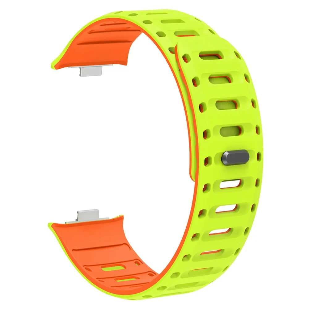 Silicone Strap for Xiaomi Smart Band 10 Pro / 9 Pro / 8 Pro / Redmi Watch 6 / 5 / 4 Magnetic Breathable Two-Tone Replacement Band - Grass Green+Orange - 1