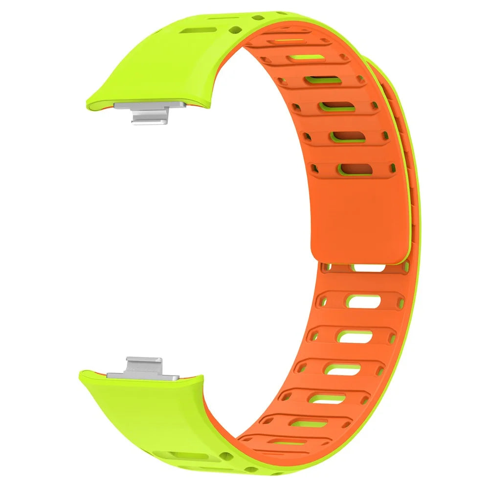 Silicone Strap for Xiaomi Smart Band 10 Pro / 9 Pro / 8 Pro / Redmi Watch 6 / 5 / 4 Magnetic Breathable Two-Tone Replacement Band - Grass Green+Orange - 2