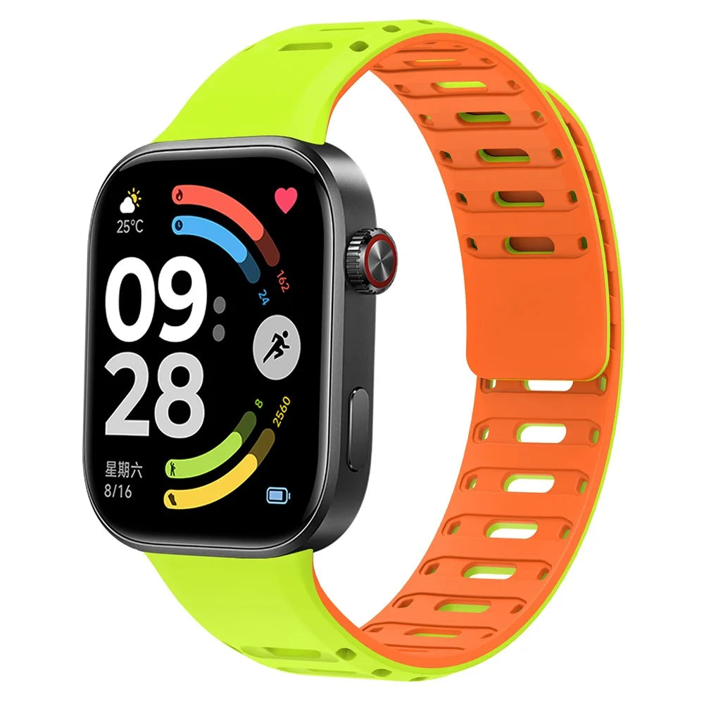 Silicone Strap for Xiaomi Smart Band 10 Pro / 9 Pro / 8 Pro / Redmi Watch 6 / 5 / 4 Magnetic Breathable Two-Tone Replacement Band - Grass Green+Orange - 3