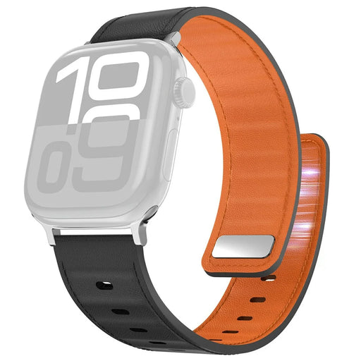 AHASTYLE BO06 Genuine Cow Leather Strap for Apple Watch Series 11 10 42mm / 9 8 7 41mm / SE3 SE2 SE 6 5 4 40mm / 3 2 1 38mm Pin Buckle Magnetic Watch Band - Black+Orange - 1