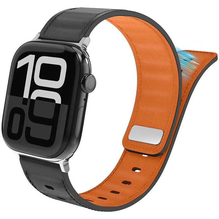 AHASTYLE BO06 Genuine Cow Leather Strap for Apple Watch Series 11 10 42mm / 9 8 7 41mm / SE3 SE2 SE 6 5 4 40mm / 3 2 1 38mm Pin Buckle Magnetic Watch Band - Black+Orange - 2