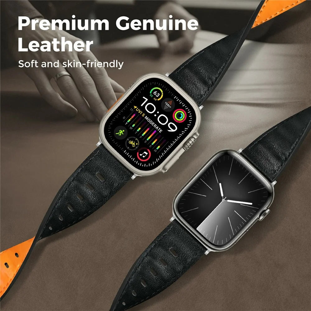 AHASTYLE BO06 Genuine Cow Leather Strap for Apple Watch Series 11 10 42mm / 9 8 7 41mm / SE3 SE2 SE 6 5 4 40mm / 3 2 1 38mm Pin Buckle Magnetic Watch Band - Black+Orange - 4