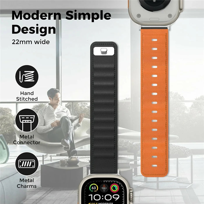 AHASTYLE BO06 Genuine Cow Leather Strap for Apple Watch Series 11 10 42mm / 9 8 7 41mm / SE3 SE2 SE 6 5 4 40mm / 3 2 1 38mm Pin Buckle Magnetic Watch Band - Black+Orange - 5