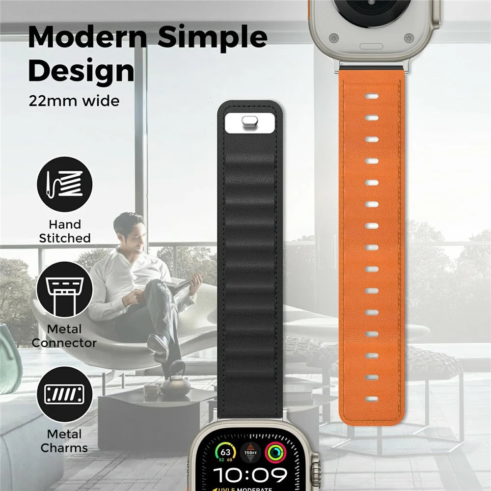 AHASTYLE BO06 Genuine Cow Leather Strap for Apple Watch Ultra 3 2 1 49mm / Series 11 10 46mm / 9 8 7 45mm / SE3 SE2 SE 6 5 4 44mm / 3 2 1 42mm Pin Buckle Magnetic Watch Band - Black+Orange - 5