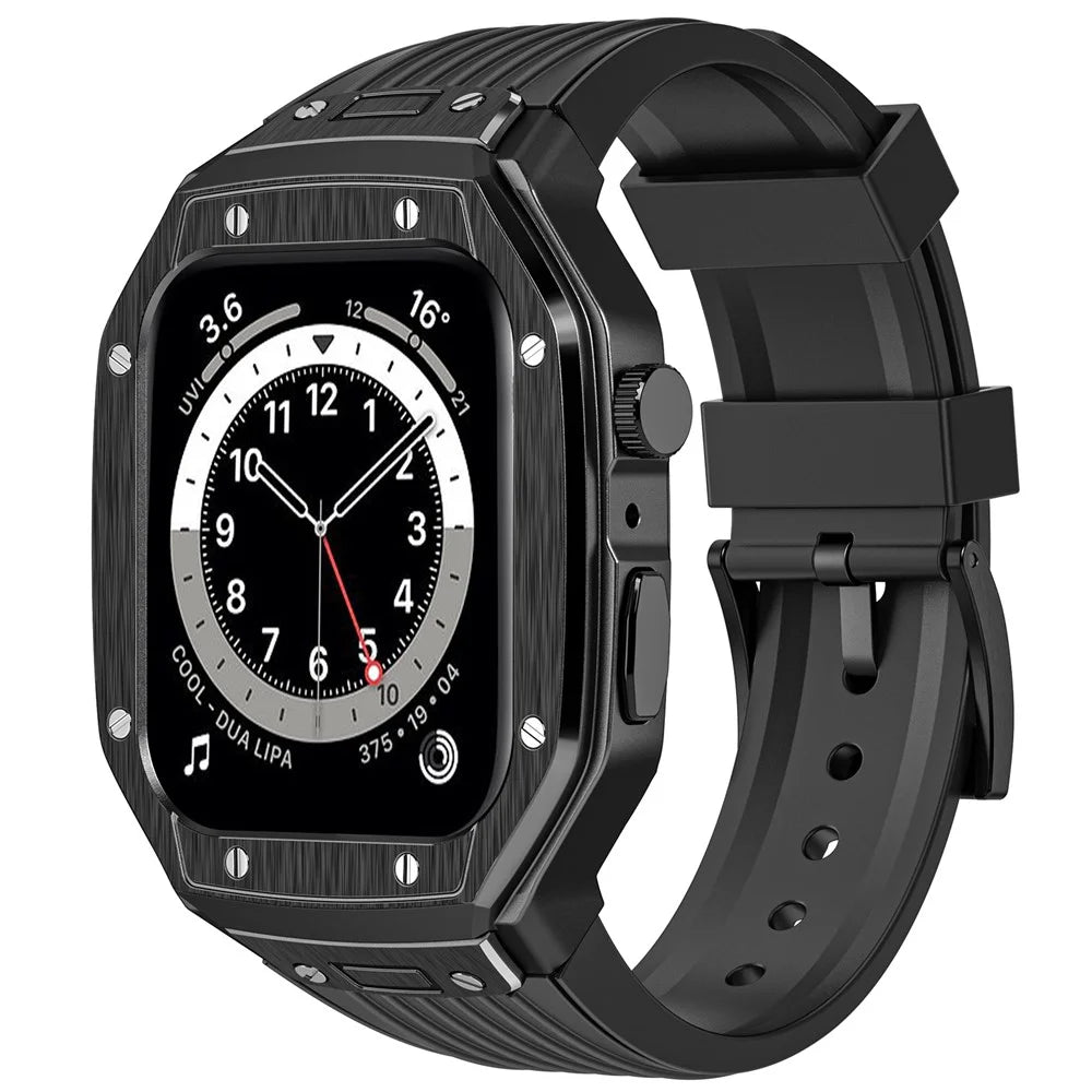 AHASTYLE WE27 Watch Band for Apple Watch Series 9 8 7 45mm / SE3 SE2 SE 6 5 4 44mm PC+TPU Integrated Strap with Aluminum Alloy Protective Case  - Black+Black - 1