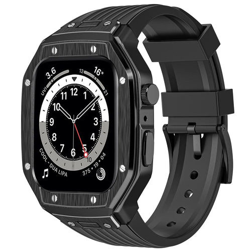 AHASTYLE WE27 Watch Band for Apple Watch Series 9 8 7 45mm / SE3 SE2 SE 6 5 4 44mm PC+TPU Integrated Strap with Aluminum Alloy Protective Case  - Black+Black - 1