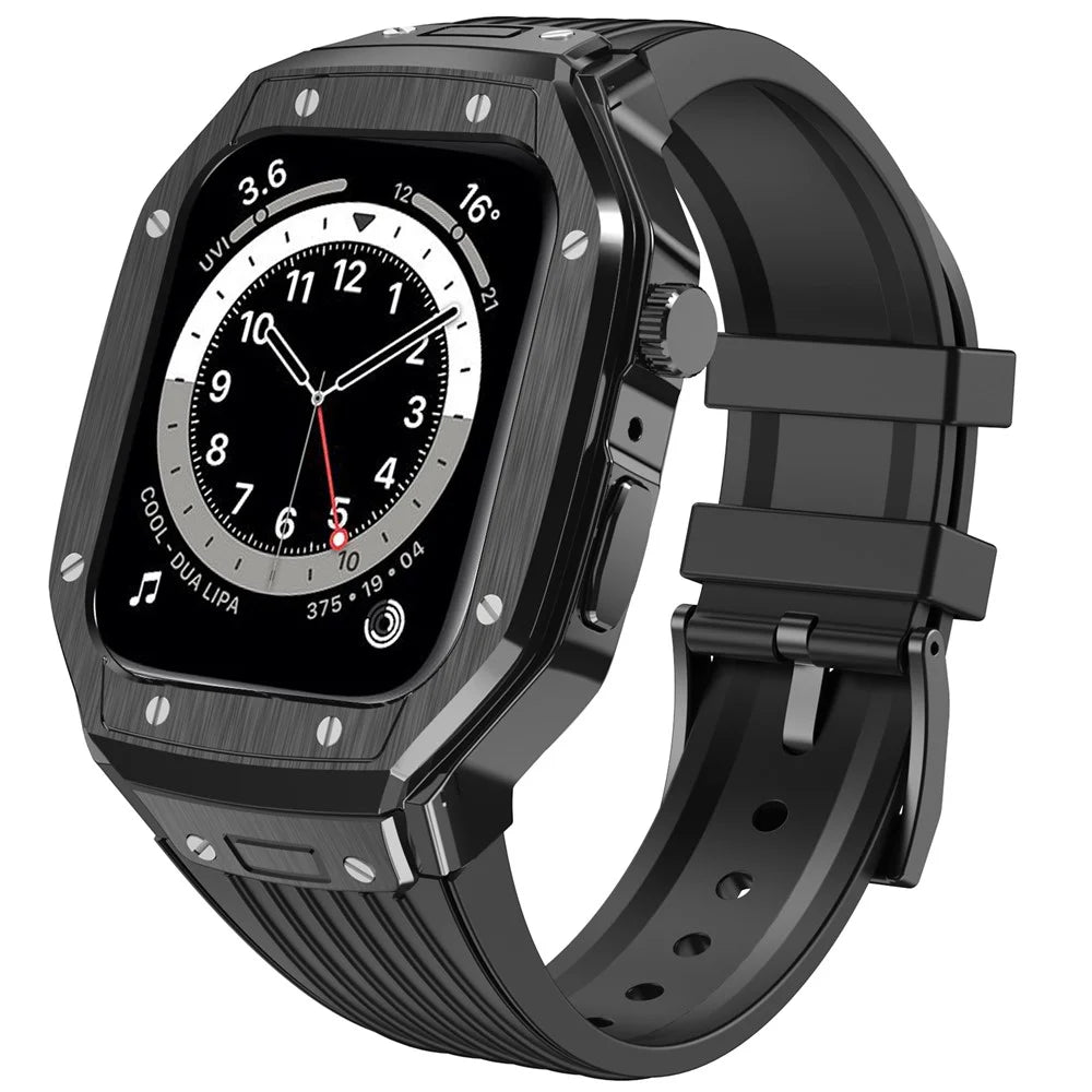 AHASTYLE WE27 Watch Band for Apple Watch Series 9 8 7 45mm / SE3 SE2 SE 6 5 4 44mm PC+TPU Integrated Strap with Aluminum Alloy Protective Case  - Black+Black - 2
