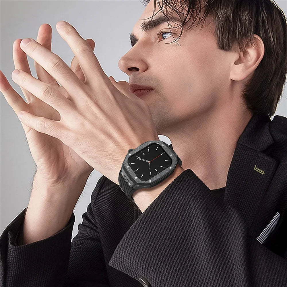 AHASTYLE WE27 Watch Band for Apple Watch Series 9 8 7 45mm / SE3 SE2 SE 6 5 4 44mm PC+TPU Integrated Strap with Aluminum Alloy Protective Case  - Black+Black - 3