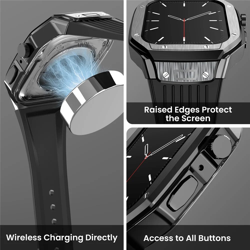 AHASTYLE WE27 Watch Band for Apple Watch Series 9 8 7 45mm / SE3 SE2 SE 6 5 4 44mm PC+TPU Integrated Strap with Aluminum Alloy Protective Case  - Black+Black - 4
