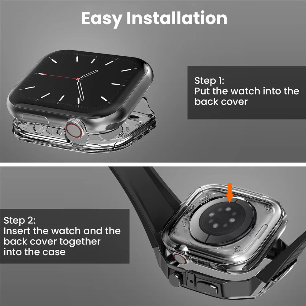 AHASTYLE WE27 Watch Band for Apple Watch Series 9 8 7 45mm / SE3 SE2 SE 6 5 4 44mm PC+TPU Integrated Strap with Aluminum Alloy Protective Case  - Black+Black - 5