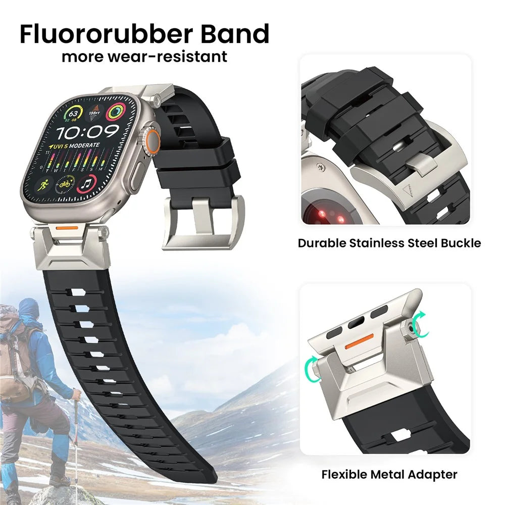 AHASTYLE WE30 Fluororubber Band for Apple Watch Ultra 3 2 1 49mm / Series 11 10 46mm / 9 8 7 45mm / SE3 SE2 SE 6 5 4 44mm / 3 2 1 42mm Breathable Rugged Replacement Strap - Black - 4