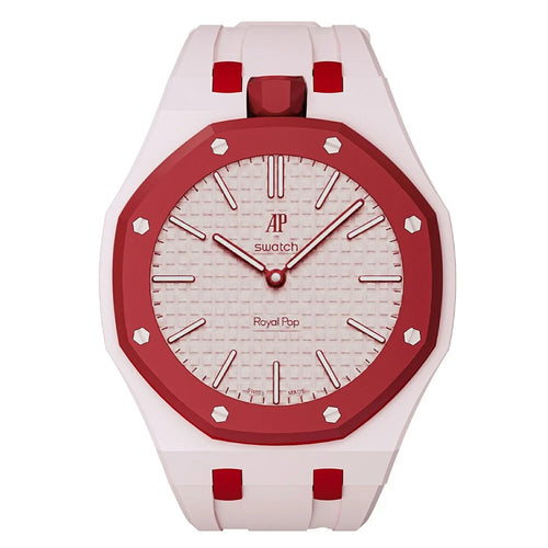 For Swatch Royal Pop Strap Dual Color Ceramic Case with Integrated Silicone Watch Band - Pink Ceramic / 12 O'clock Direction - 1