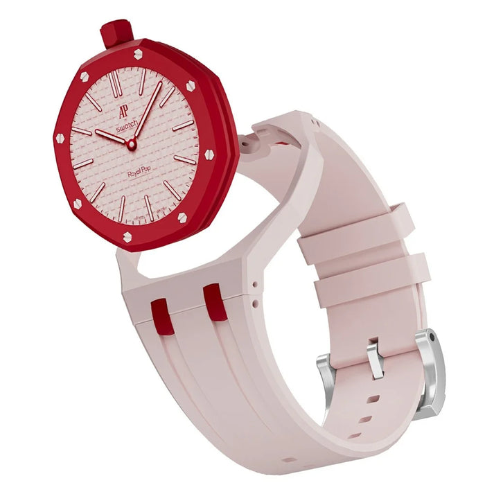 For Swatch Royal Pop Strap Dual Color Ceramic Case with Integrated Silicone Watch Band - Pink Ceramic / 12 O'clock Direction - 2