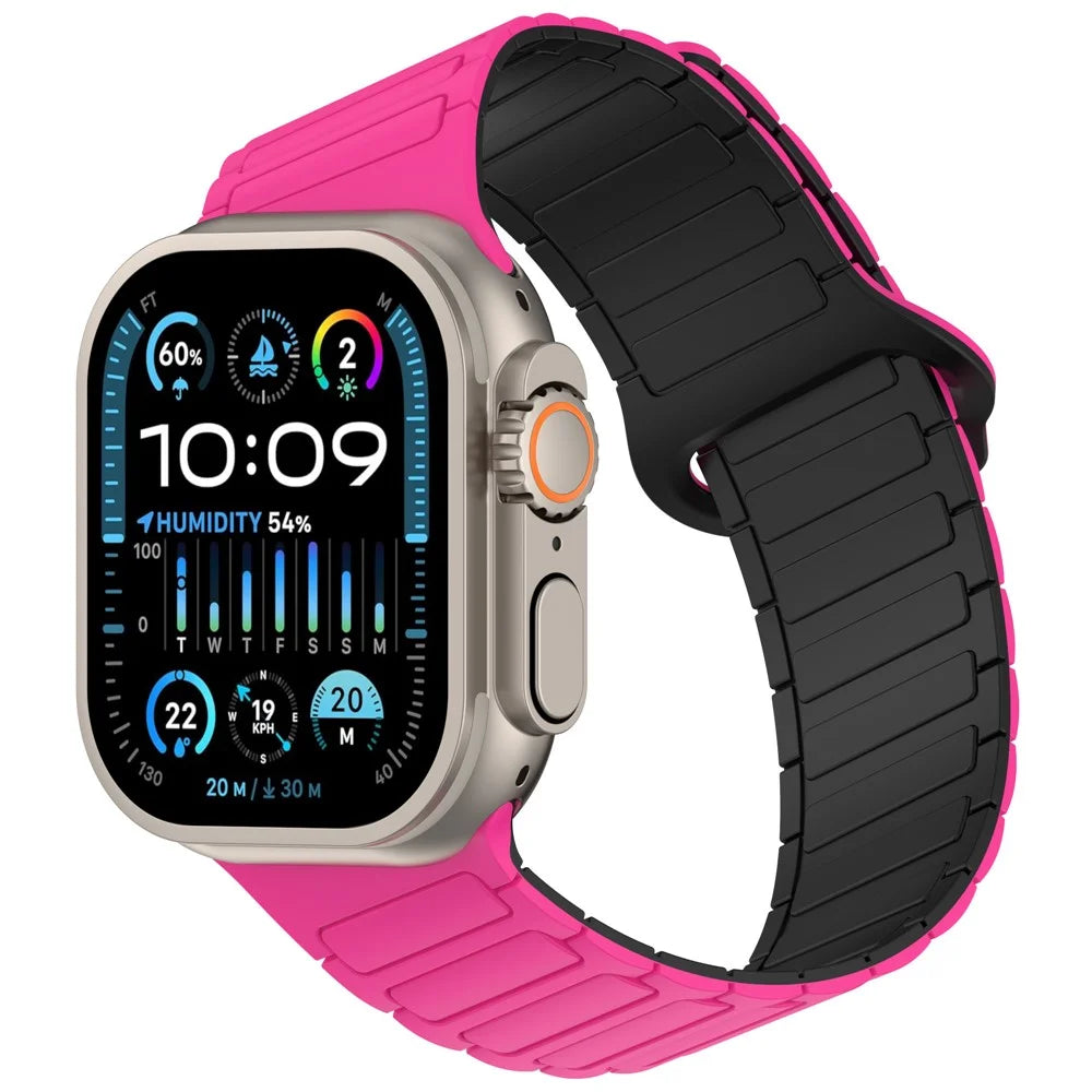 Beveled Silicone Strap for Apple Watch Series 11 10 42mm / 9 8 7 41mm / SE3 SE2 SE 6 5 4 40mm / 3 2 1 38mm , Three-Bead Magnetic Loop Watch Band - Hot Pink+Black - 2