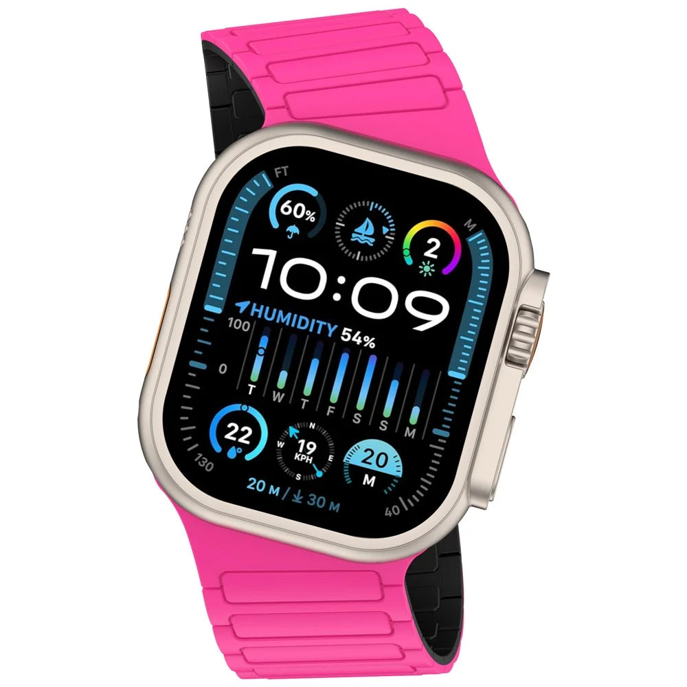 Beveled Silicone Strap for Apple Watch Series 11 10 42mm / 9 8 7 41mm / SE3 SE2 SE 6 5 4 40mm / 3 2 1 38mm , Three-Bead Magnetic Loop Watch Band - Hot Pink+Black - 3