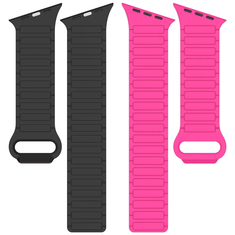 Beveled Silicone Strap for Apple Watch Series 11 10 42mm / 9 8 7 41mm / SE3 SE2 SE 6 5 4 40mm / 3 2 1 38mm , Three-Bead Magnetic Loop Watch Band - Hot Pink+Black - 4