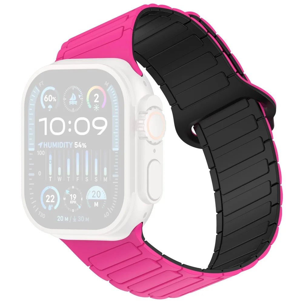 Beveled Silicone Strap for Apple Watch Ultra 3 2 1 49mm / Series 11 10 46mm / 9 8 7 45mm / SE3 SE2 SE 6 5 4 44mm / 3 2 1 42mm , Three-Bead Magnetic Loop Watch Band - Hot Pink+Black - 1