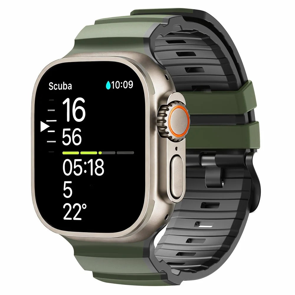 Dual-Color Watch Band For Apple Watch Ultra 3 2 1 49mm / Series 11 10 46mm / 9 8 7 45mm / SE3 SE2 SE 6 5 4 44mm / 3 2 1 42mm Silicone Strap Replacement Wristband - Army Green+Black - 2