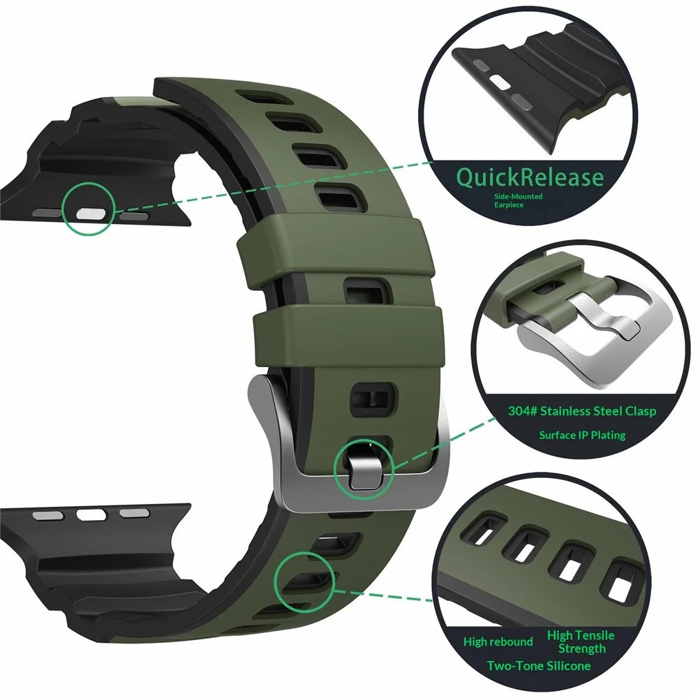 Dual-Color Watch Band For Apple Watch Ultra 3 2 1 49mm / Series 11 10 46mm / 9 8 7 45mm / SE3 SE2 SE 6 5 4 44mm / 3 2 1 42mm Silicone Strap Replacement Wristband - Army Green+Black - 6